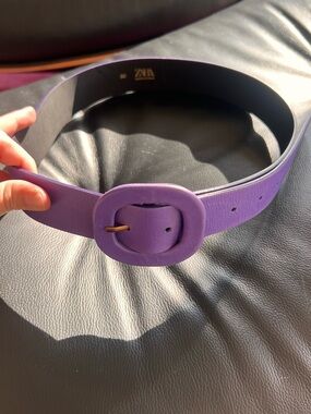 ZARA Purple Leather Belt Round Buckle Made in Spain Size 80 Statement